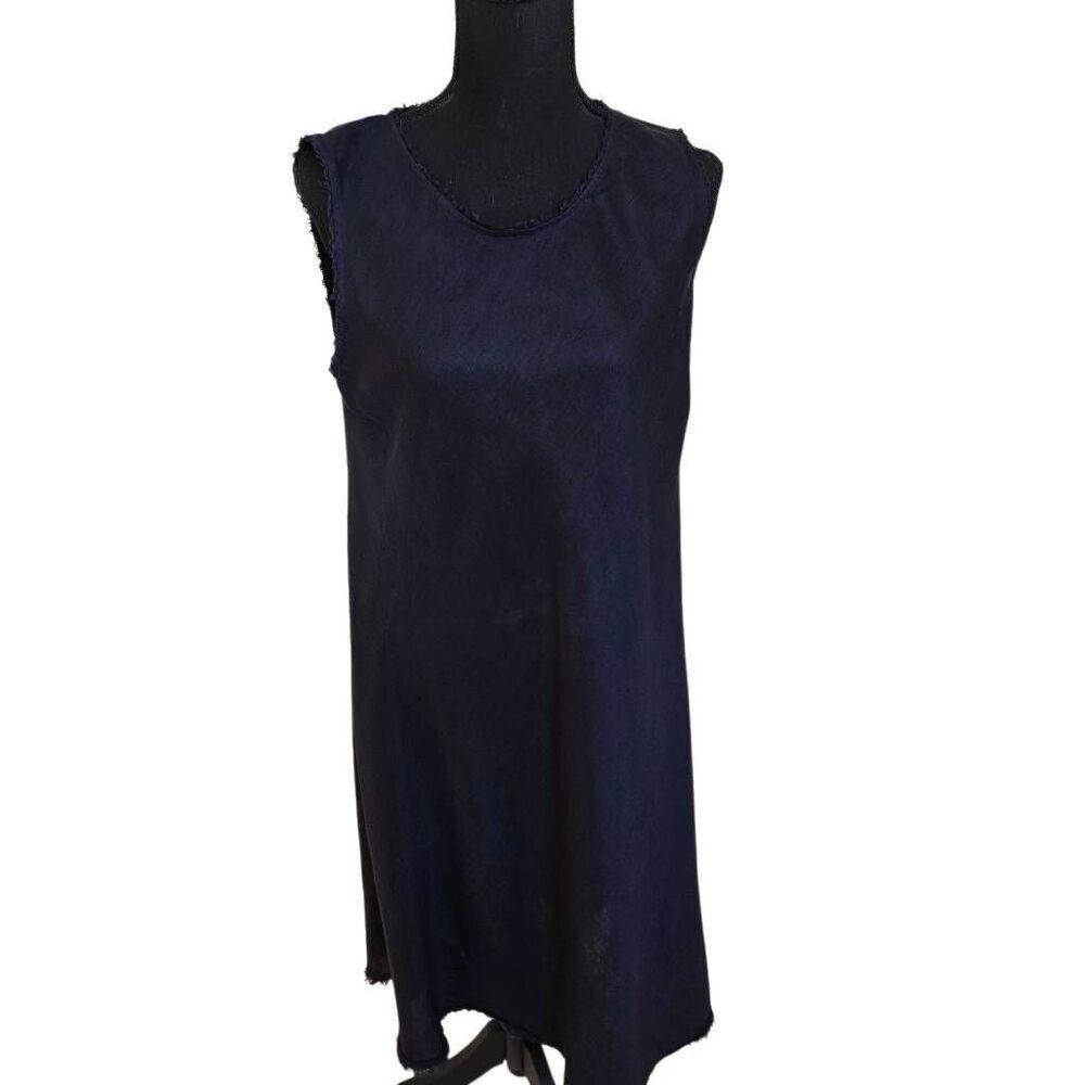Magaschoni Womens Fringe Crew Neck Sleeveless A-Line Linen Dress Black Large